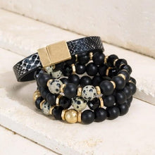 Load image into Gallery viewer, Black glass and wood bead bracelet set