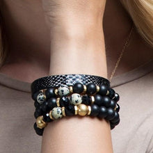 Load image into Gallery viewer, Black glass and wood bead bracelet set