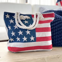 Load image into Gallery viewer, Canvas American Flag Woven Tote with Tied Rope Handles