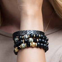 Load image into Gallery viewer, Black glass and wood bead bracelet set
