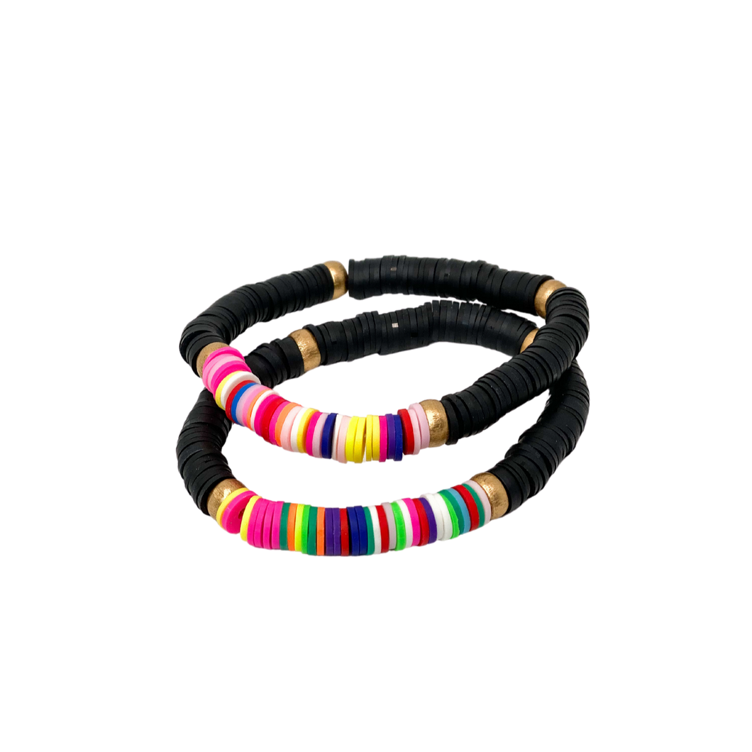 Multi-colored disc stacking bracelet (2 color options)