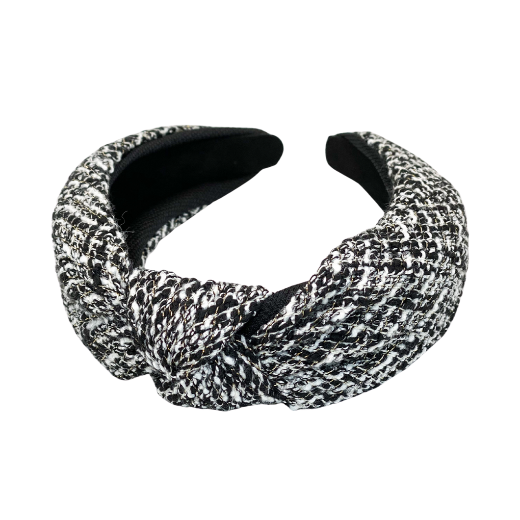 Black and white tweed top knot headband