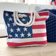 Load image into Gallery viewer, Canvas American Flag Woven Tote with Tied Rope Handles
